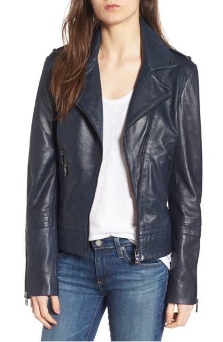 Lambskin Leather Biker Jacket - Midnight Blue