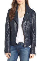 Lambskin Leather Biker Jacket - Midnight Blue